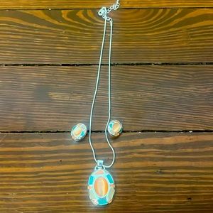 Coral, green, and cream necklace and earring set